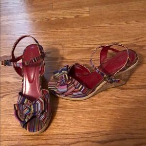 Multi colored crock wedge sandals.